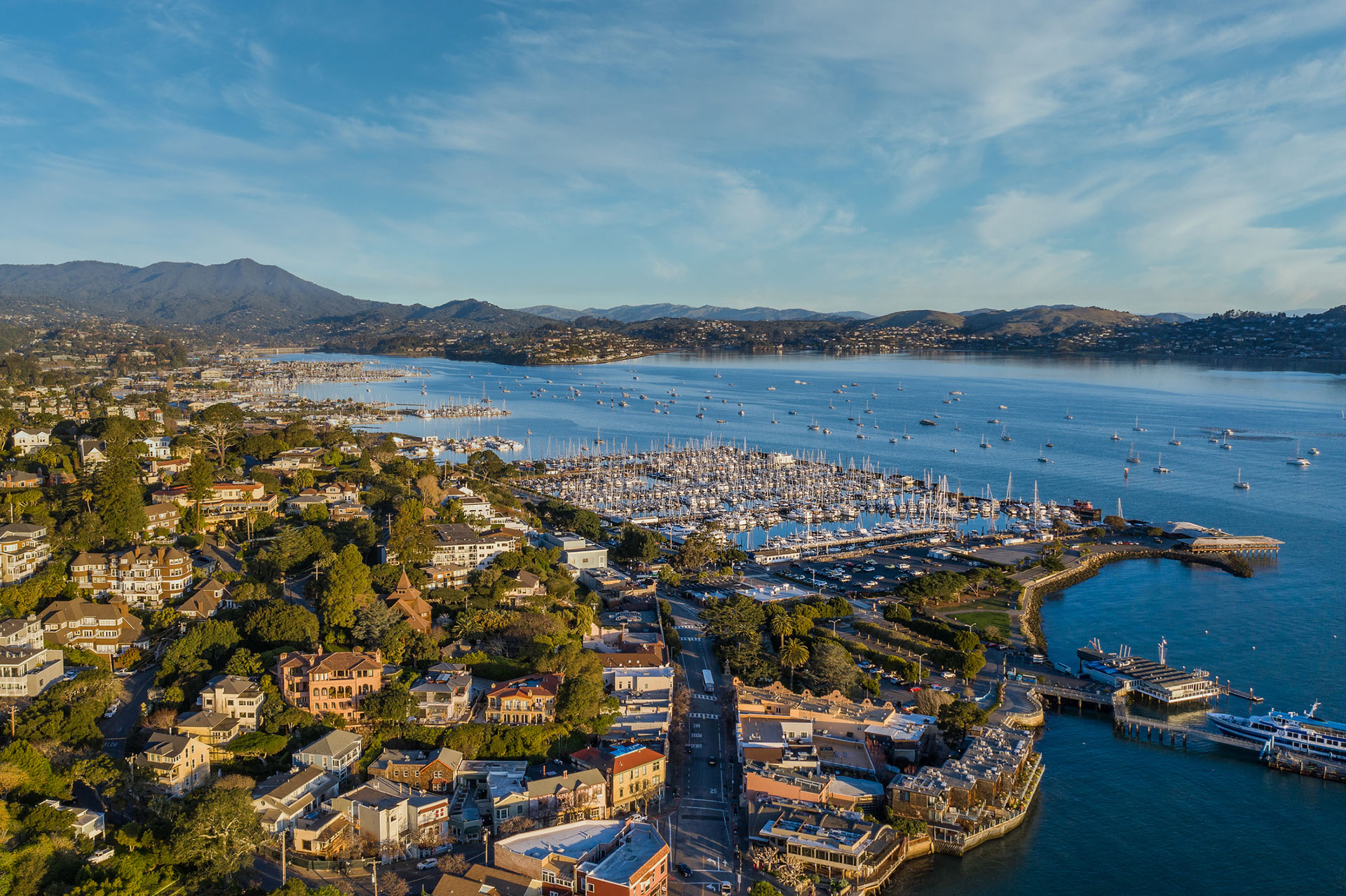 An aerial view of Sausalito with the marina and bay